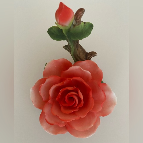 Vintage Coral Pink Porcelain Rose Figurine on Branch with Leaves Blooming Rose - Picture 7 of 9